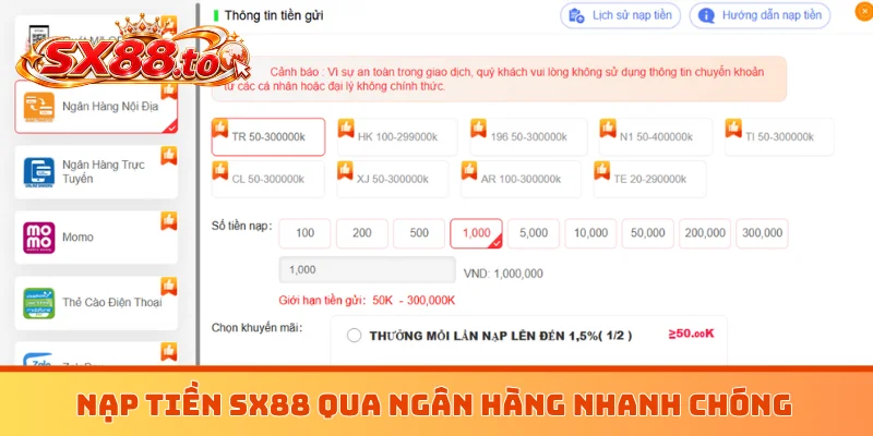 Nạp tiền SX88 qua ngân hàng nhanh chóng